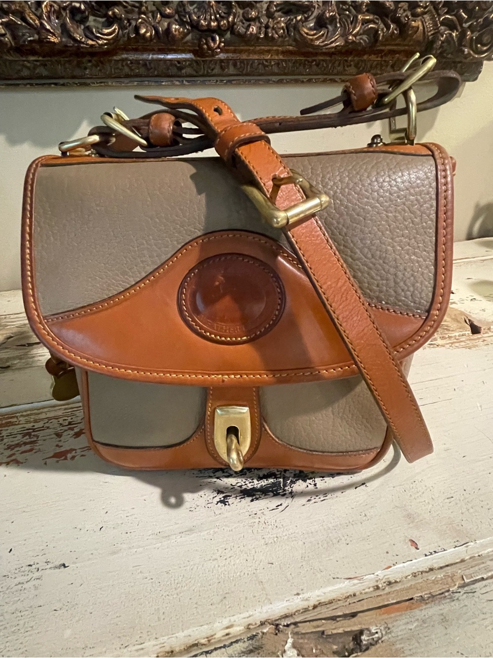 Dooney & Bourke  AWL CarrierTan and Taupe Leather Crossbody Satchel - Picture 3 of 16